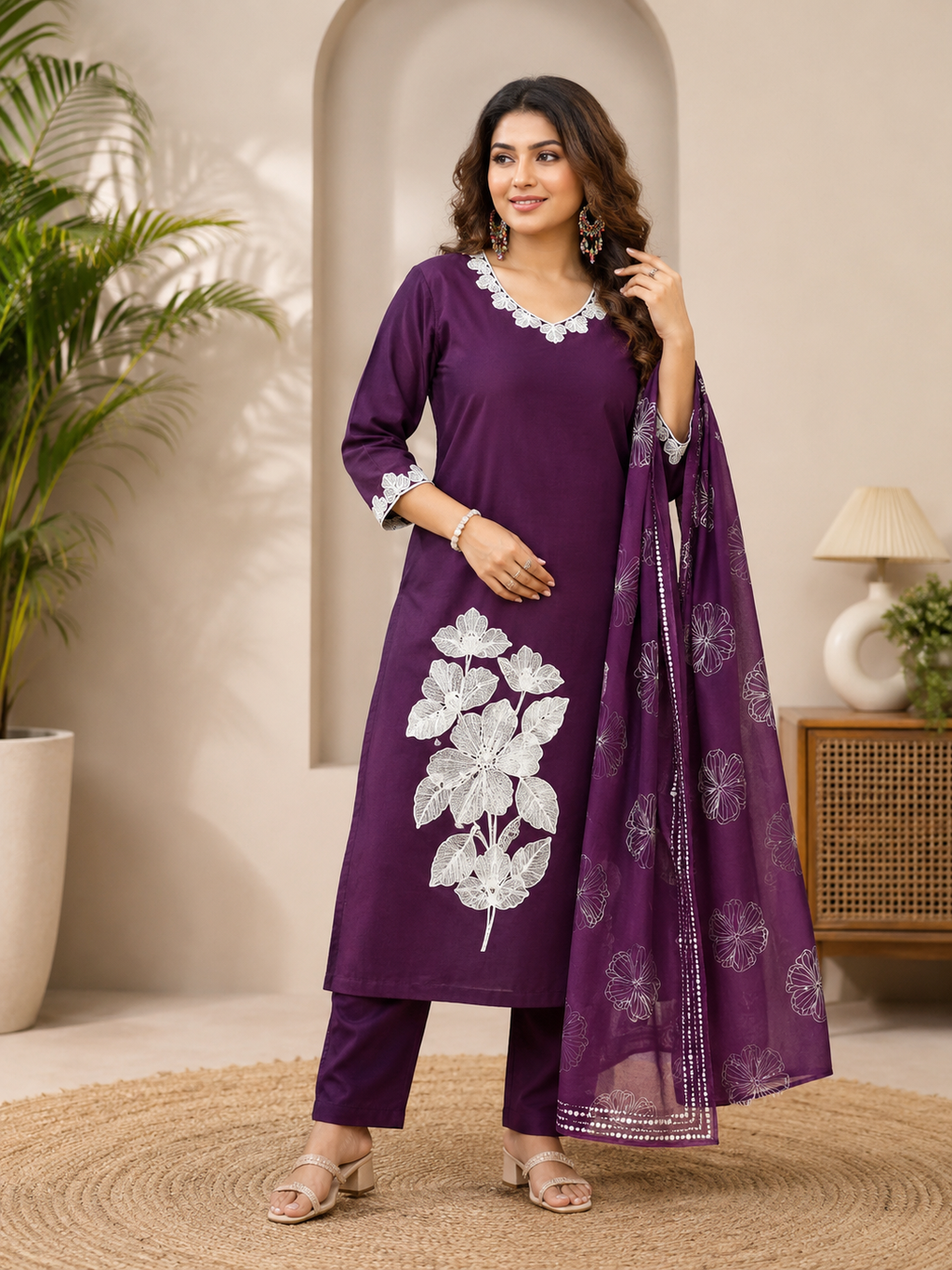 Very Attractive Royal Purple Floral Embroidered Cotton Suit Set