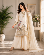 Very Beautiful Cream Fendy Silk Suit Set with Peacock Sequins Embroidery