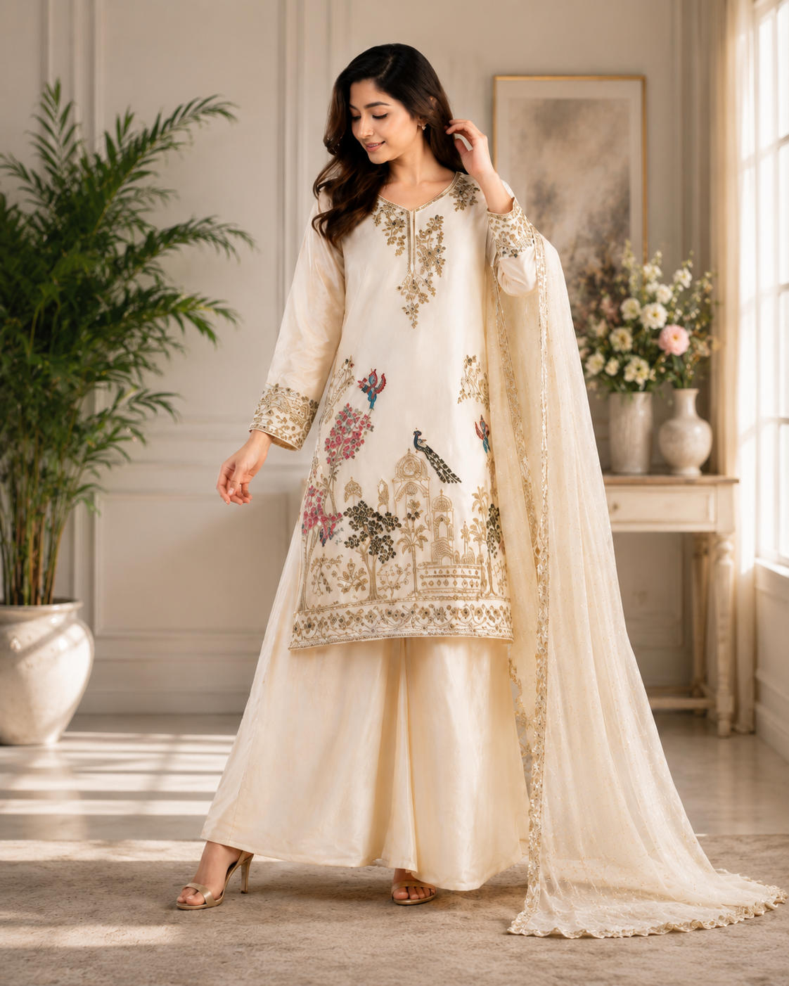 Very Beautiful Cream Fendy Silk Suit Set with Peacock Sequins Embroidery
