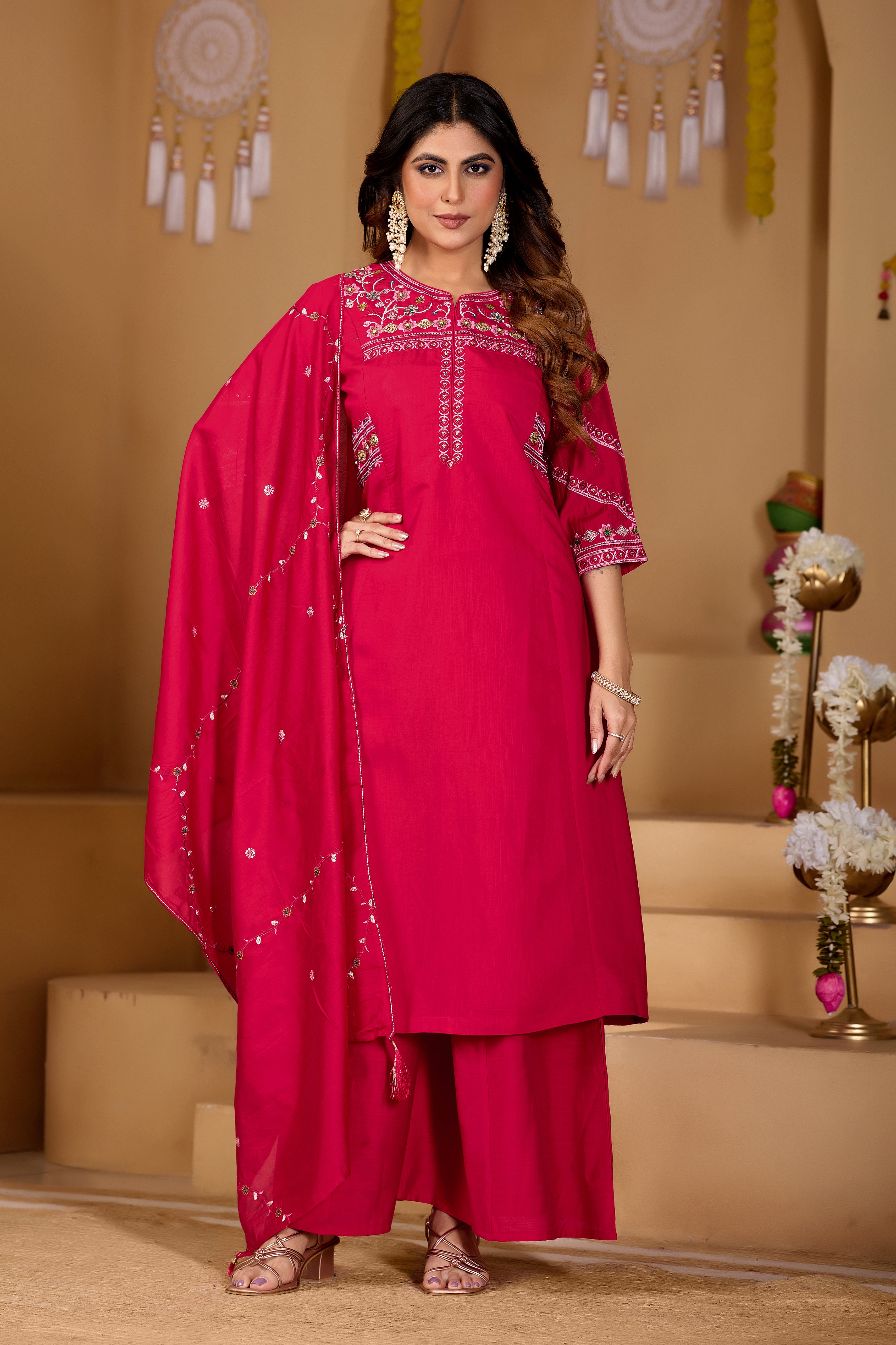 Attractive Rani Pink Viscose Mango Silk Anarkali Kurti Set