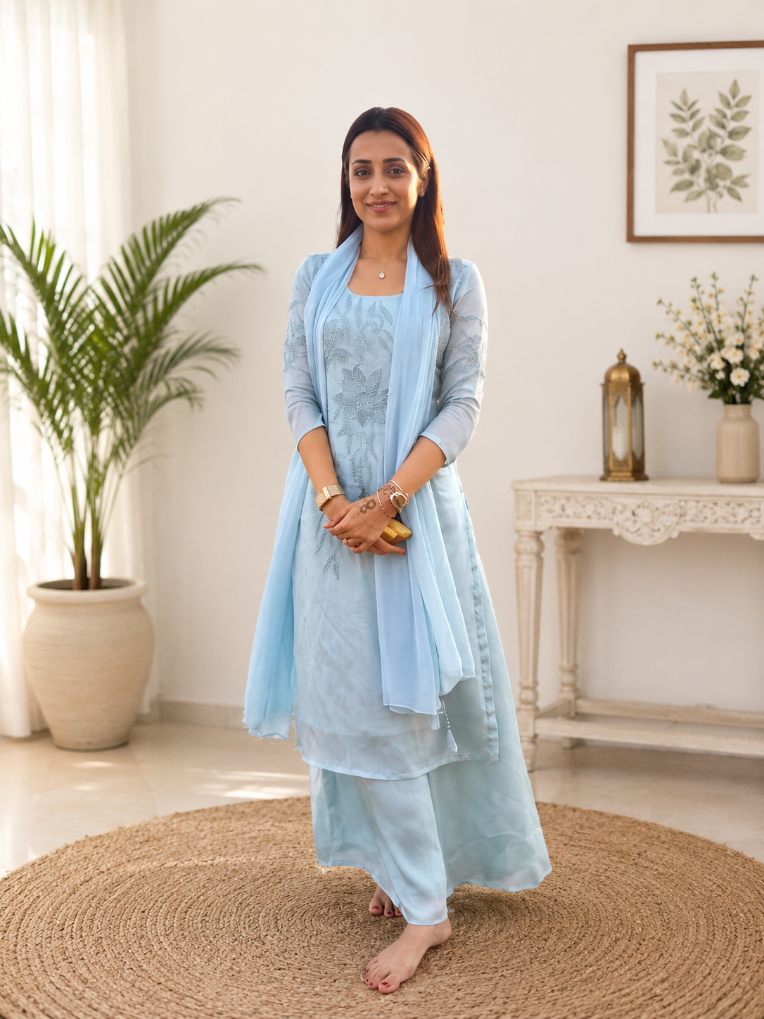 Attractive Blue Crunchy Silk Sequence Embroidery Anarkali Suit Set