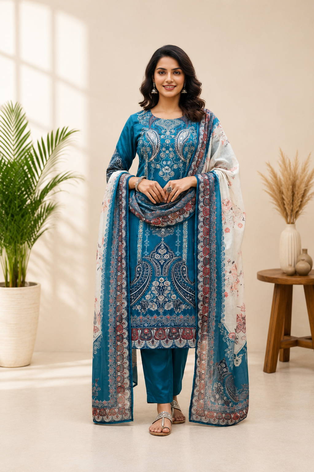 Elegant Teal Blue Chinon Printed Suit Set with Real Mirror Work