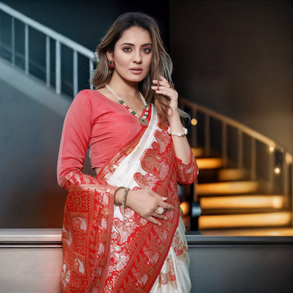 White & Red Soft Banarasi Silk Saree With Zari Weaving Work