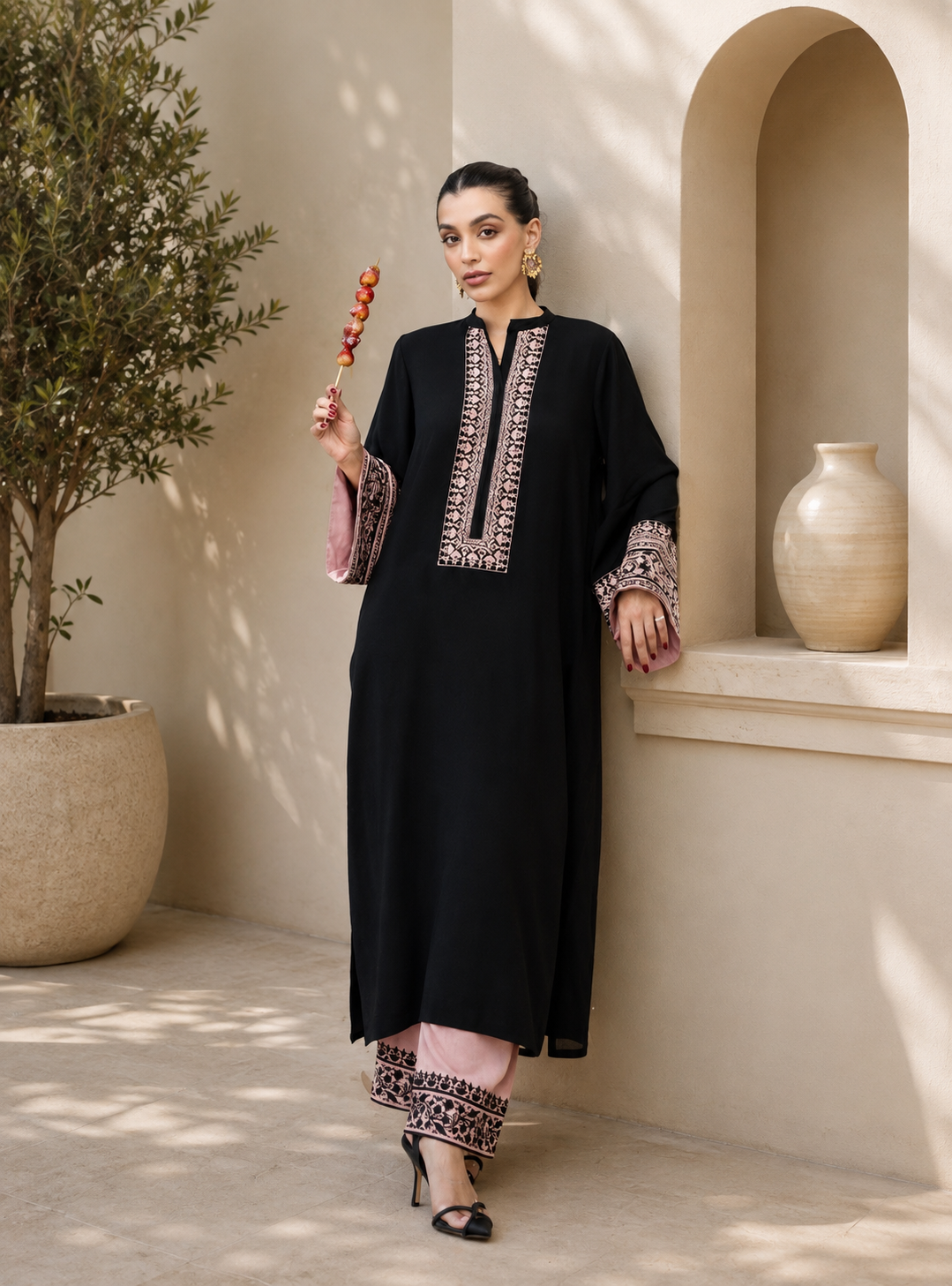 Black Rayon Thread Work Cotton Co-ord Kurta Set