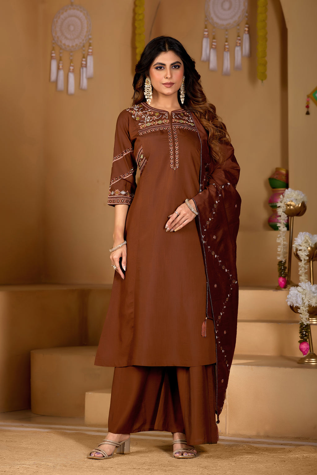 Elegant Coffee Brown Viscose Mango Silk Embroidered Suit Set