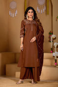 Elegant Coffee Brown Viscose Mango Silk Embroidered Suit Set