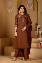 Elegant Coffee Brown Viscose Mango Silk Embroidered Suit Set
