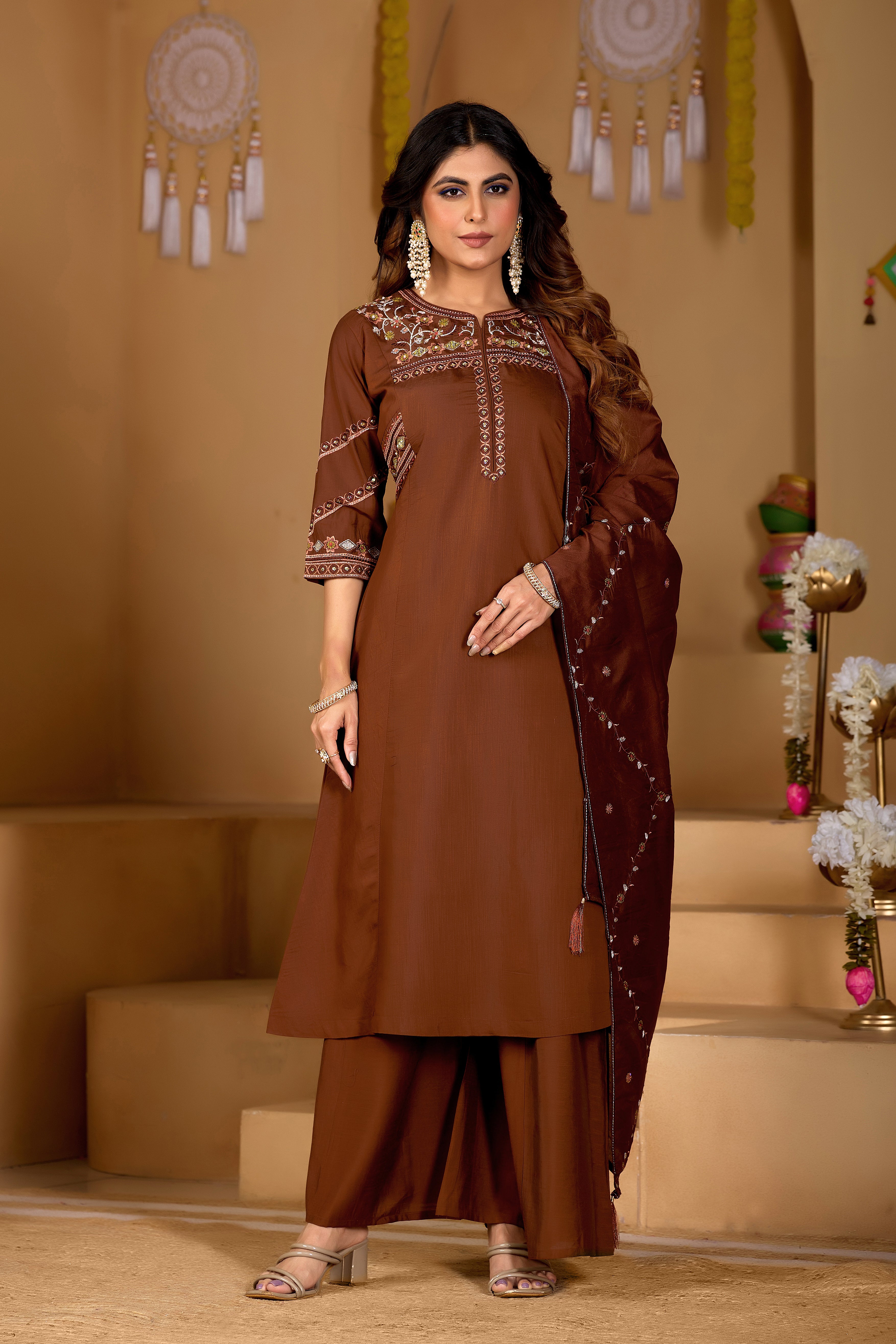 Elegant Coffee Brown Viscose Mango Silk Embroidered Suit Set