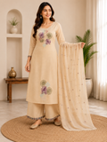 Elegant Beige Pure Cotton Thread Embroidery Suit Set