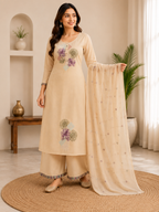 Elegant Beige Pure Cotton Thread Embroidery Suit Set