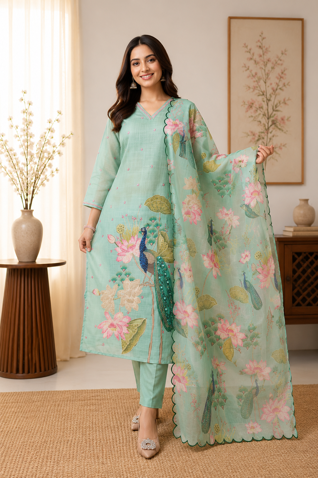 New Designer Mint Green Linen Cotton Suit Set with Handwork