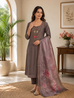 Brown Premium Mul Chanderi Hand Work Suit Set With Floral Dupatta