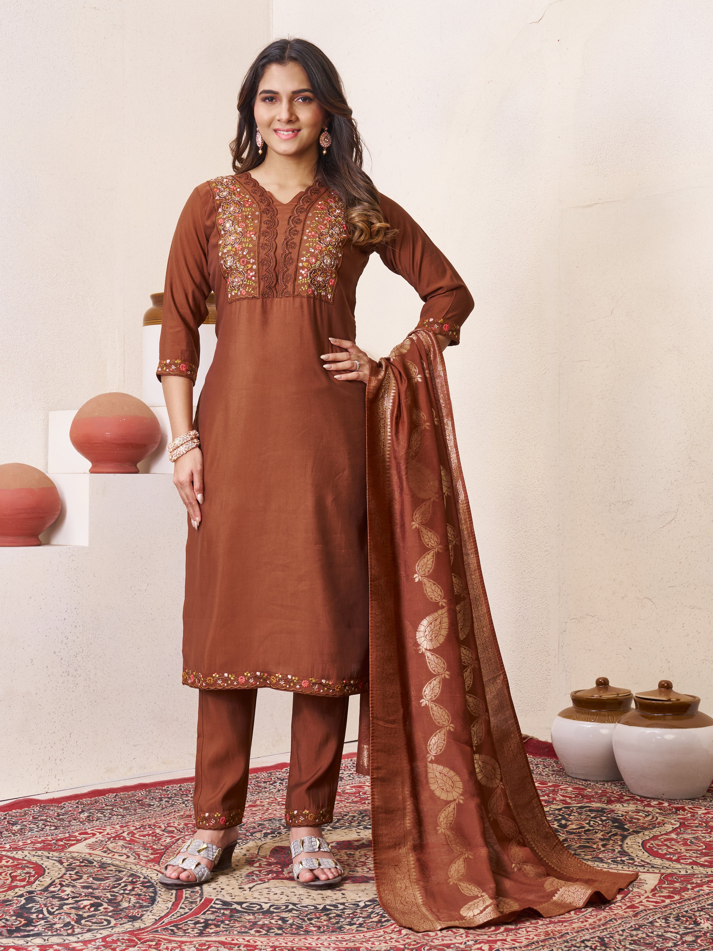 Premium Brown Roman Silk Embroidered Kurti Pant Dupatta Set