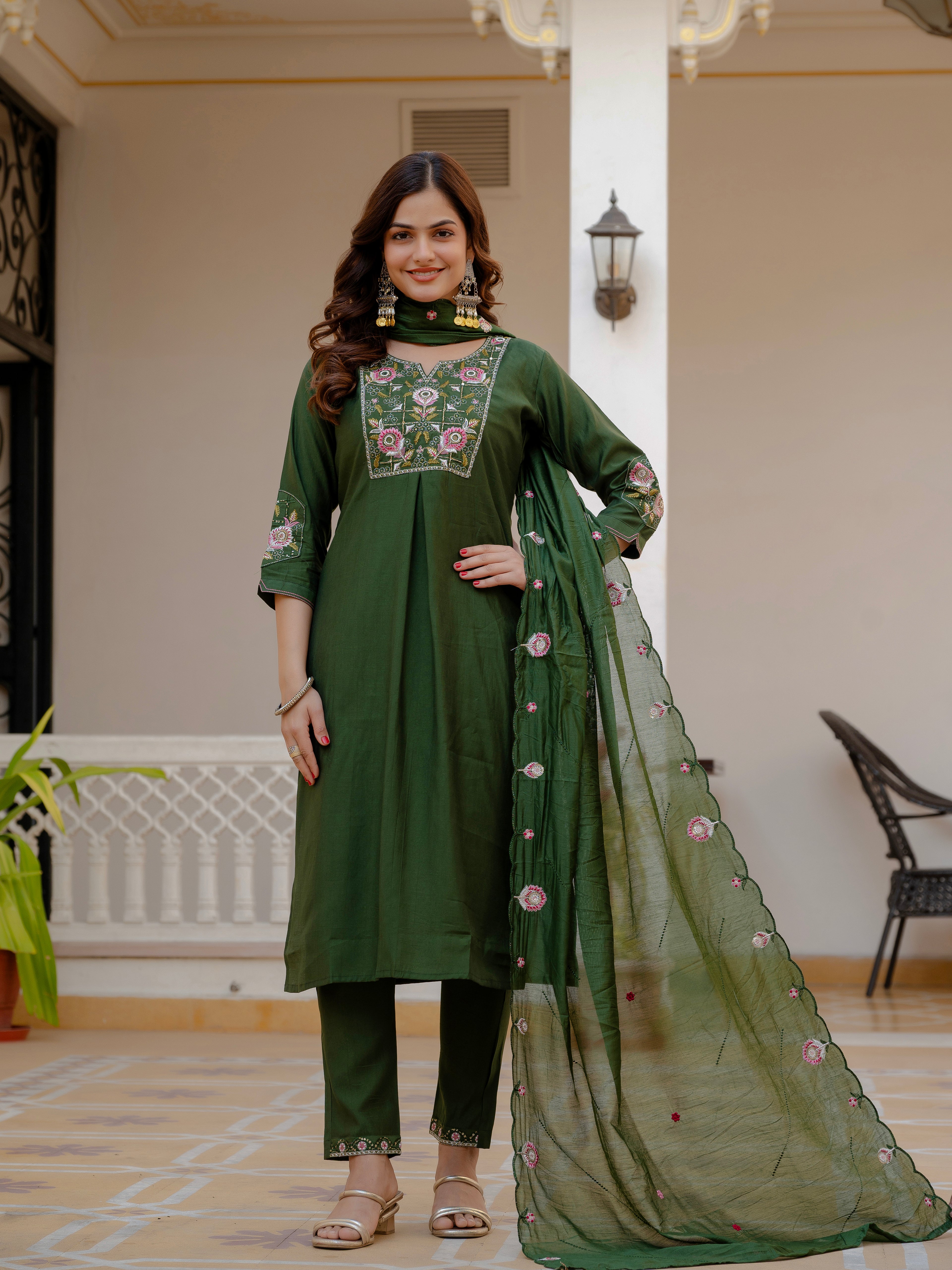 Elegant Green Mango Silk Suit Set with Floral Embroidery
