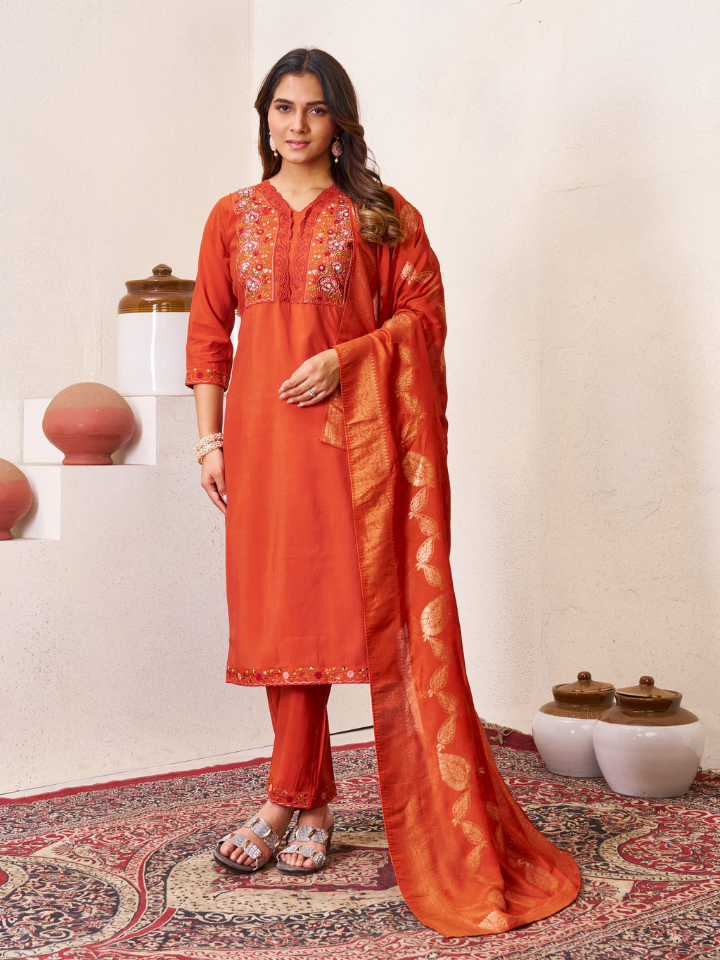 Beautiful Orange Roman Silk Embroidered Kurti Pant Dupatta Set