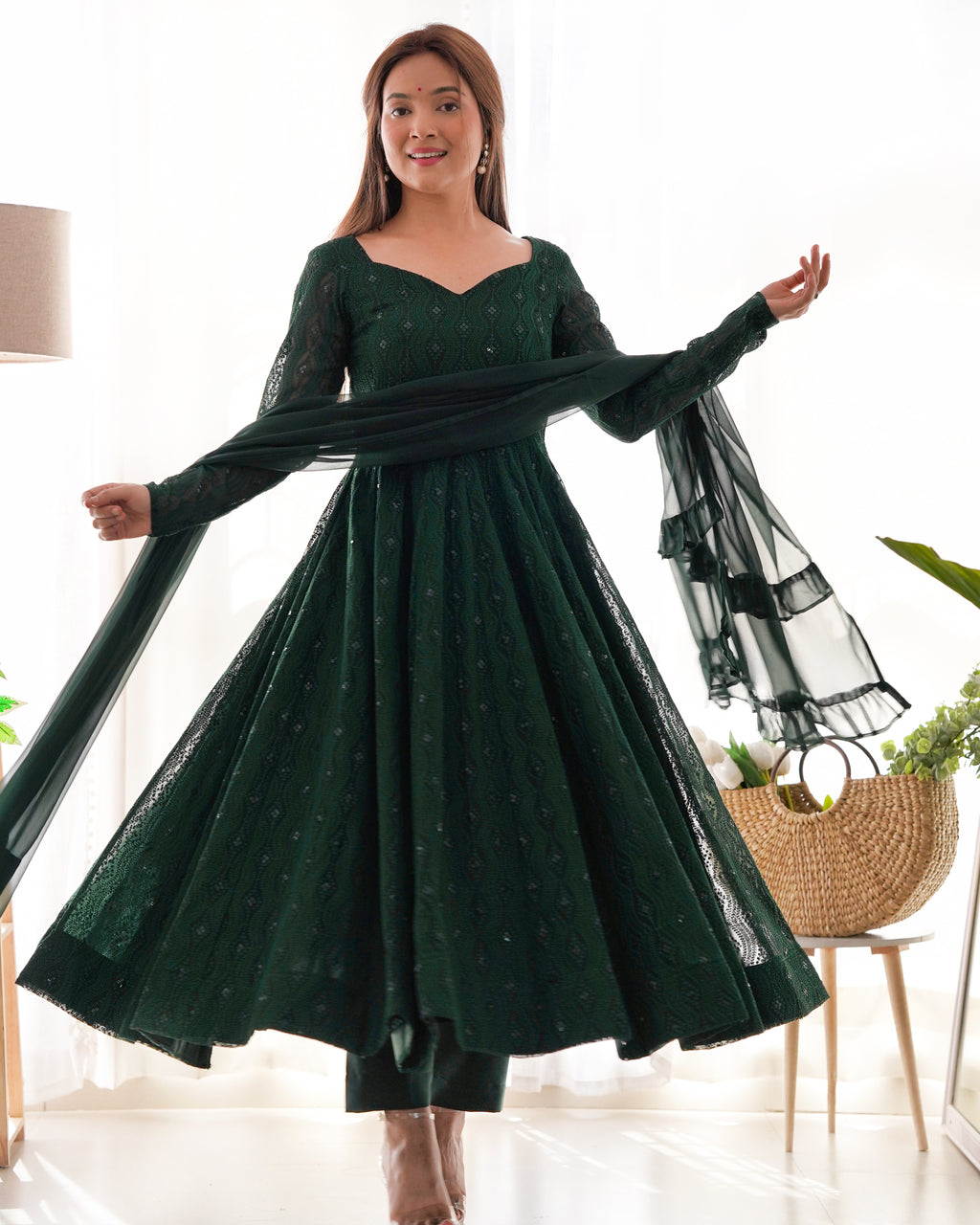 Emerald Grace Soft Georgette Silk Anarkali Suit Set with Ruffle Dupatta