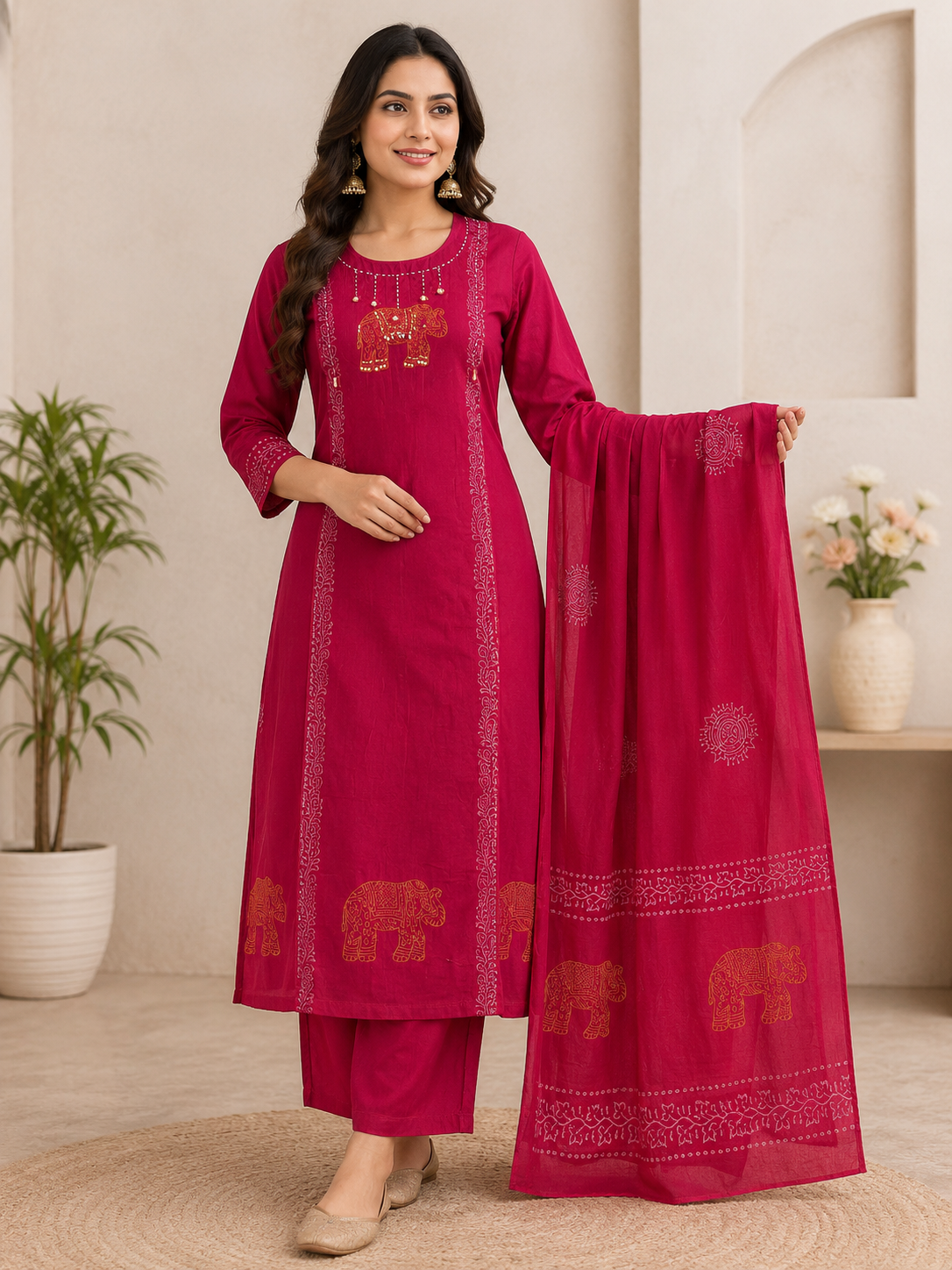 Very Beautiful Magenta Pure Cotton Suit  Set With Real Mirror Work