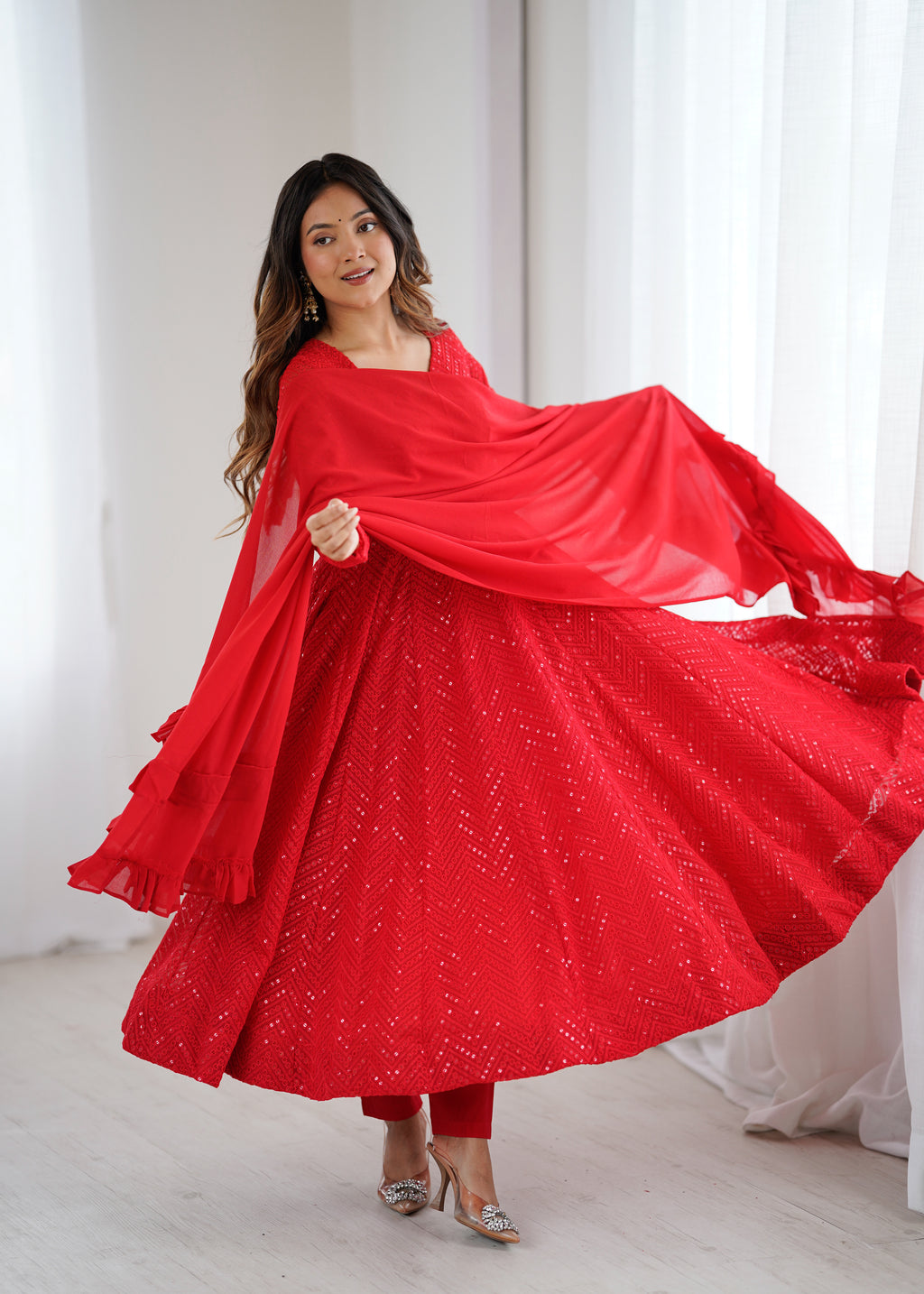 Designer Embroidered Soft Fox Georgette Anarkali Suit Set with Dupatta