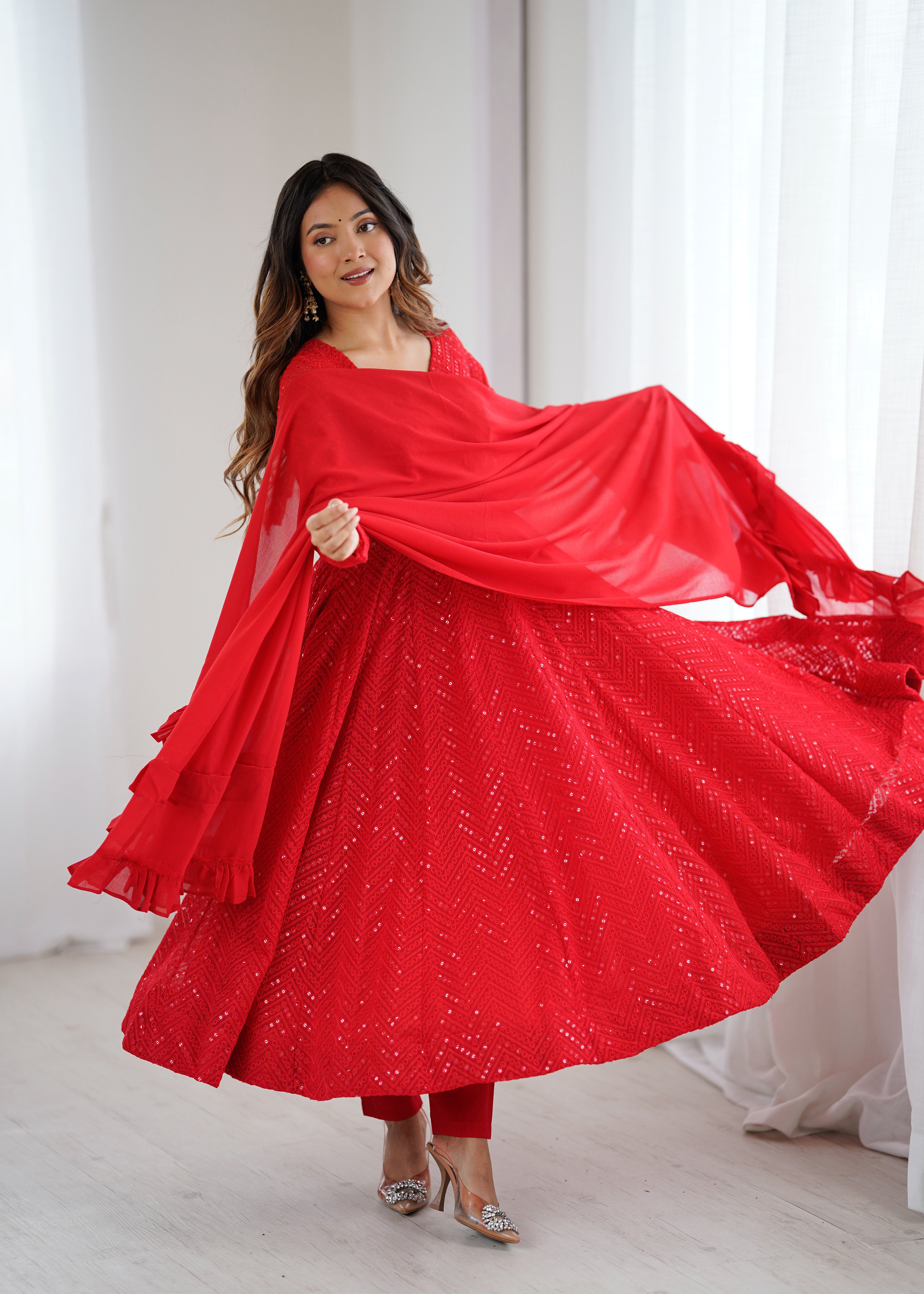 Designer Embroidered Soft Fox Georgette Anarkali Suit Set with Dupatta