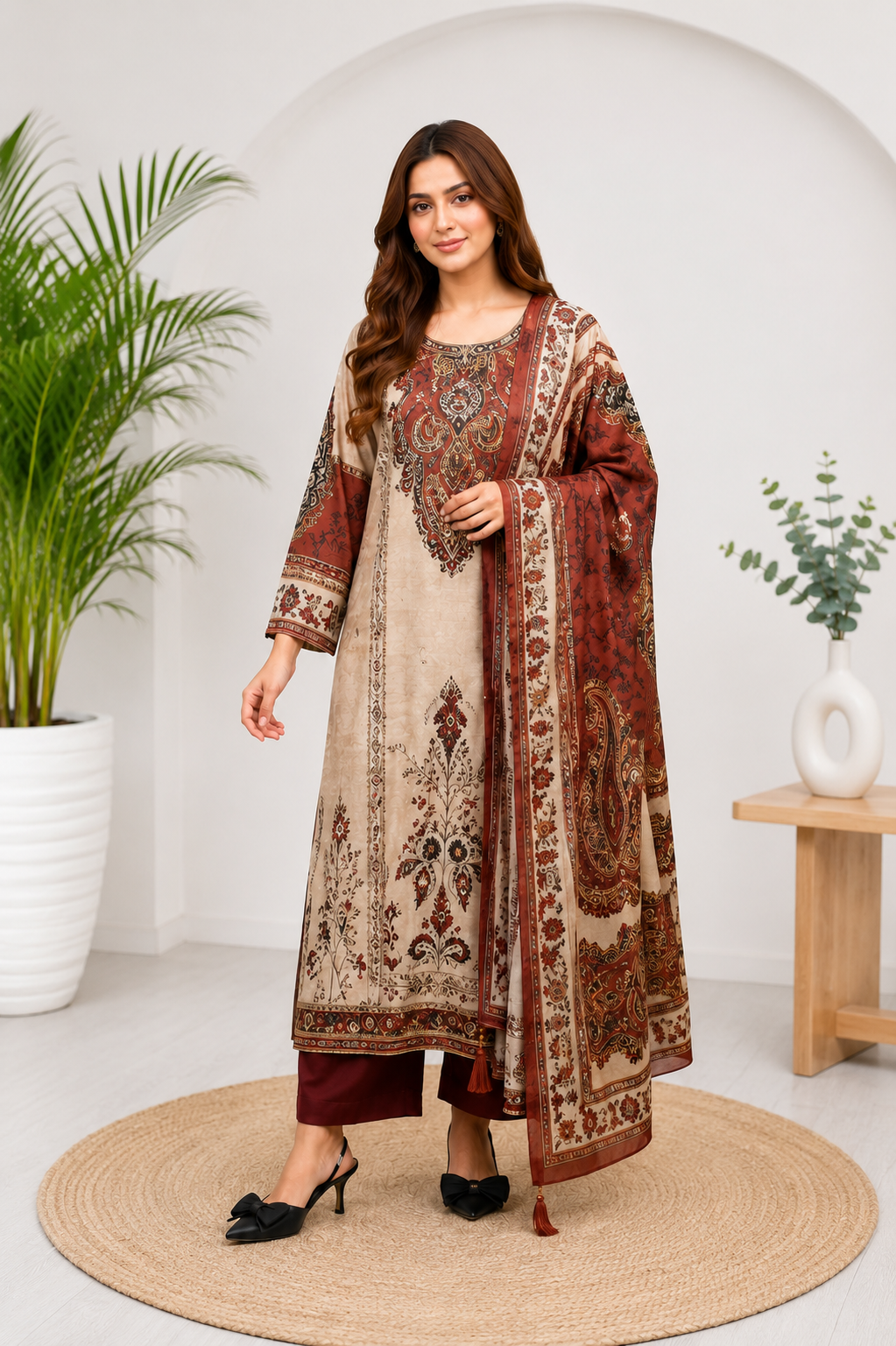 Very Attractive Beige and Maroon Printed Chinon Suit Set With Mirror Work