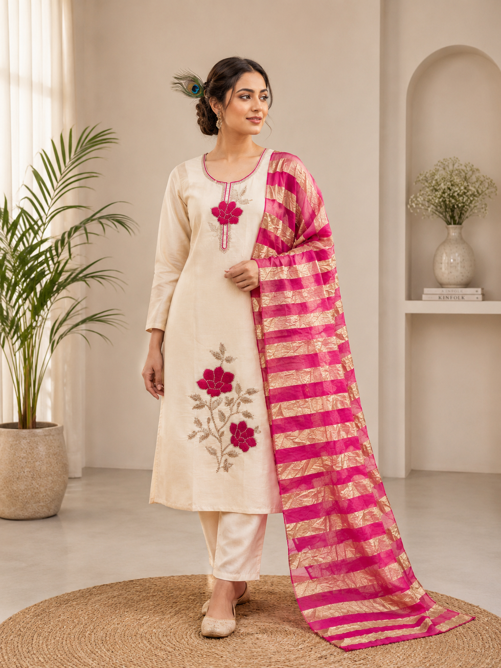 Elegant Beige Premium Roman Silk Beads Embroidered Suit Set