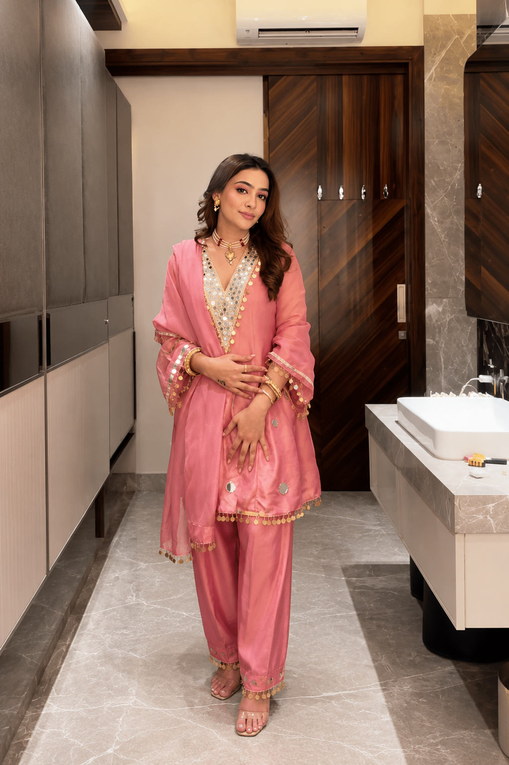 Designer Onion Pink Coss Moss Silk Mirror Work Kurta Pant Set with Dupatta