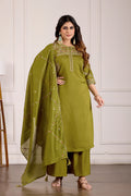 Elegant Mehndi Green Viscose Mango Silk Anarkali Kurti Set