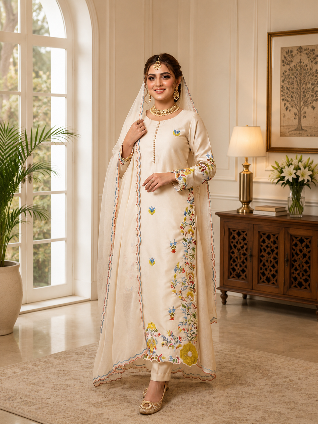 Premium Festive Cream Embroidery Glass Roman Silk Suit Set