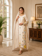 Premium Festive Cream Embroidery Glass Roman Silk Suit Set