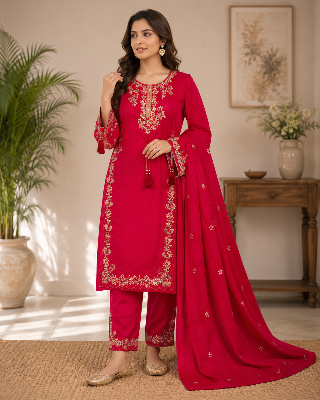 Elegant Red Embroidered Roman Silk Suit Set with Dupatta