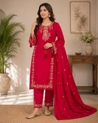 Elegant Red Embroidered Roman Silk Suit Set with Dupatta