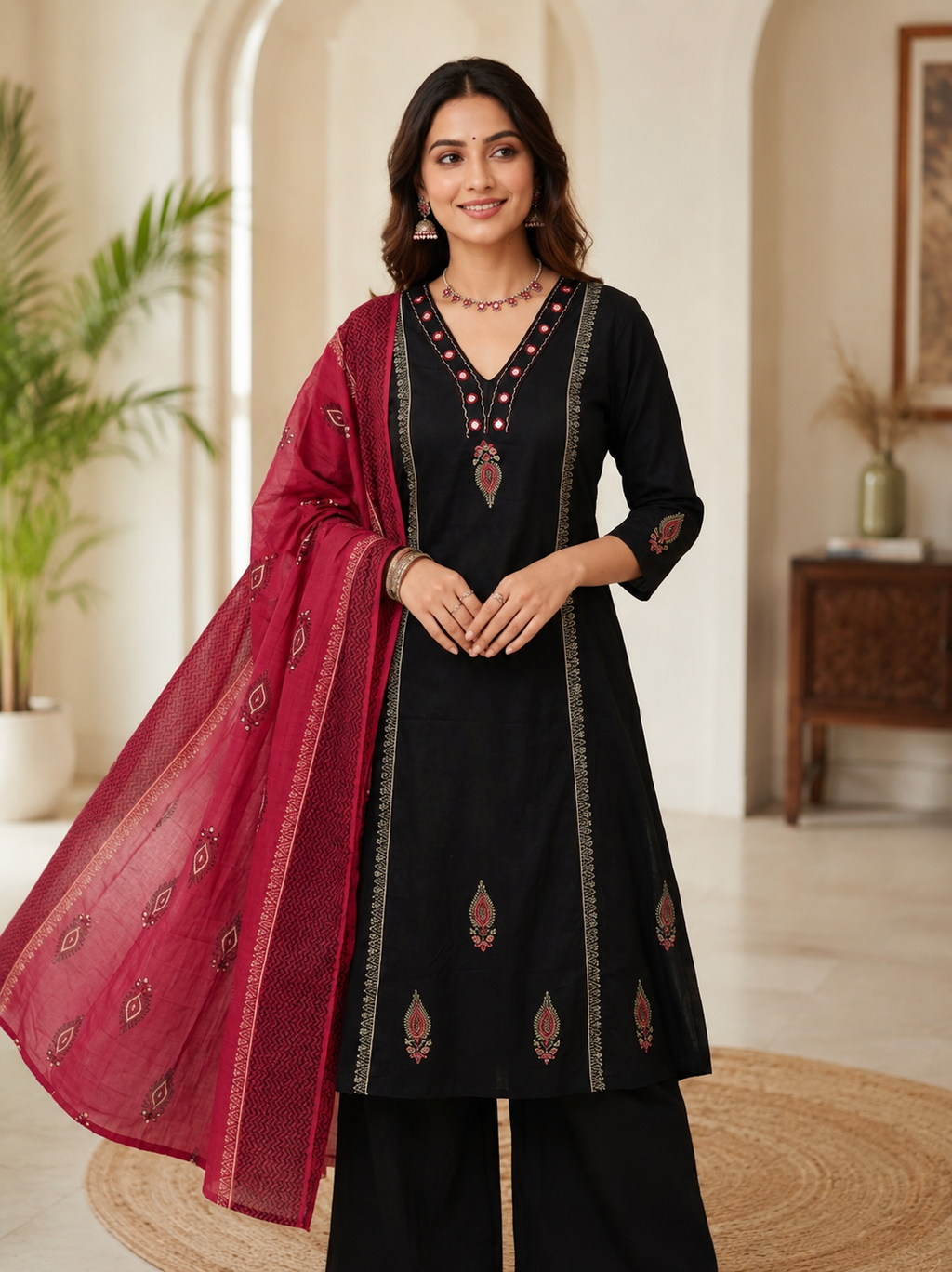 Classic Black Cotton Ethnic Suit Set With Block Print With Real Mirror Hand Work