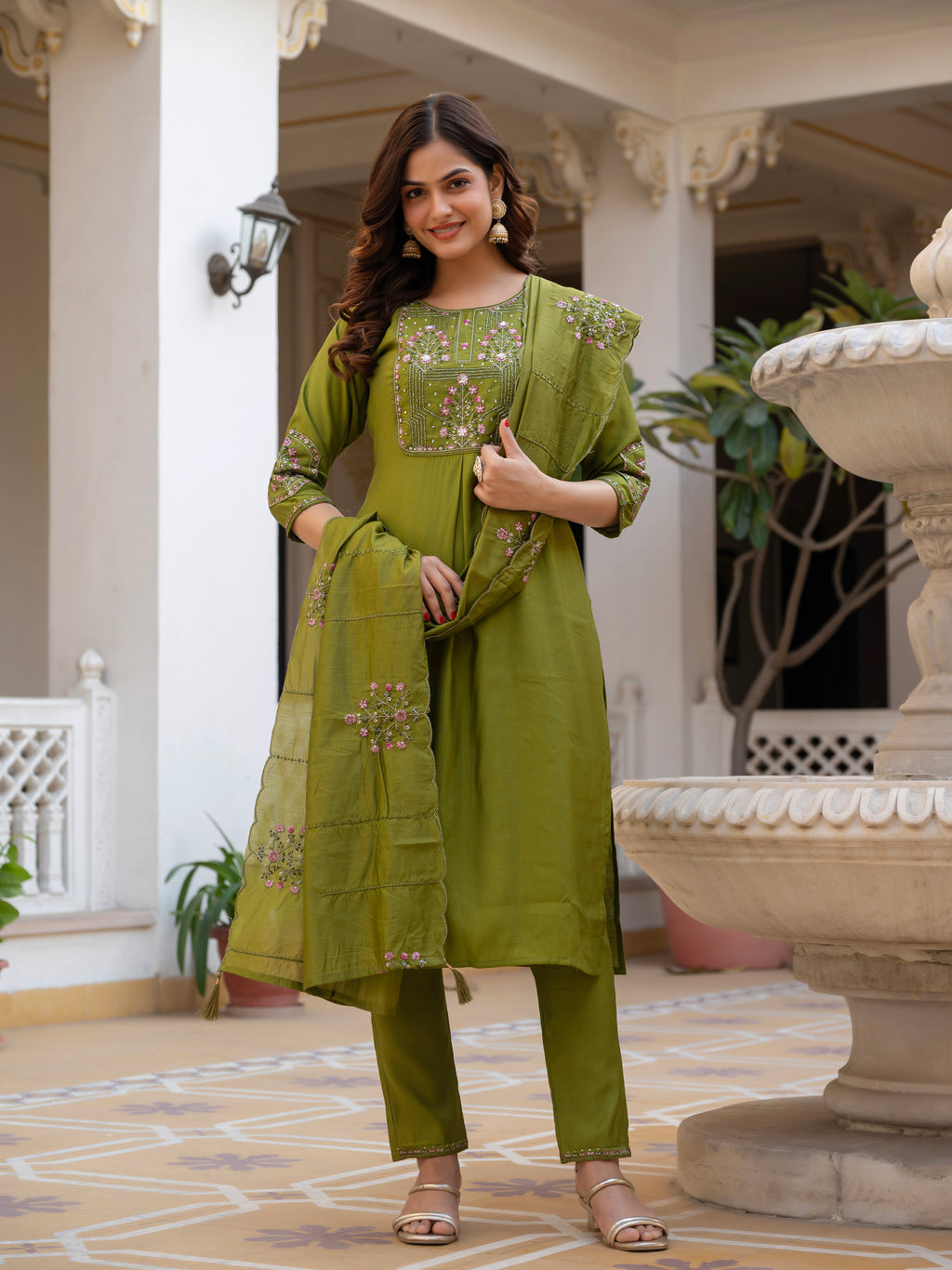 Luxury Pure Viscose Mango Silk Floral Embroidered Suit Set
