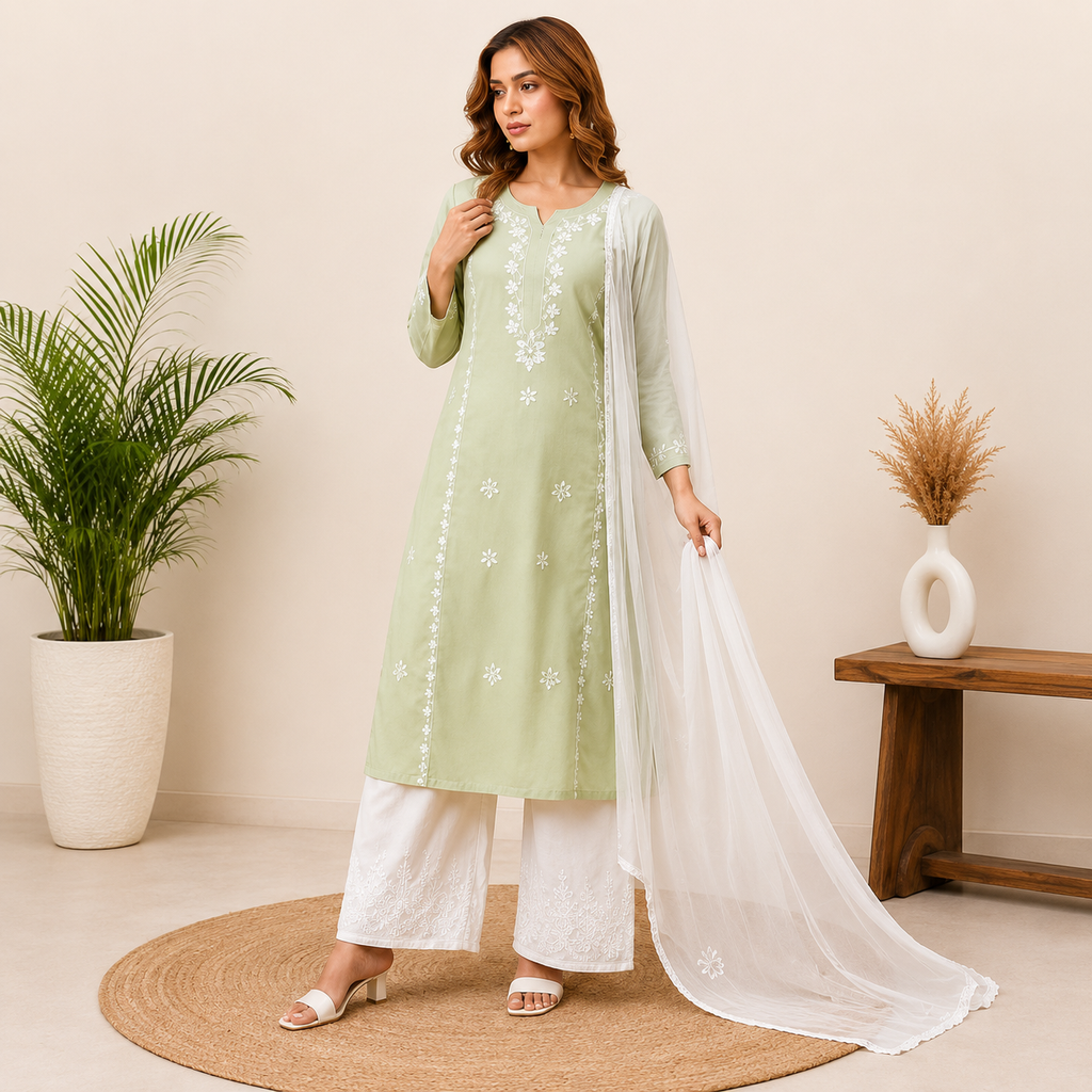 Elegant Sage Green Rayon Embroidered Suit Set With Dupatta