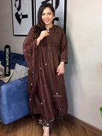 Elegant Brown A-Line Handwork Pure Cotton Suit Set