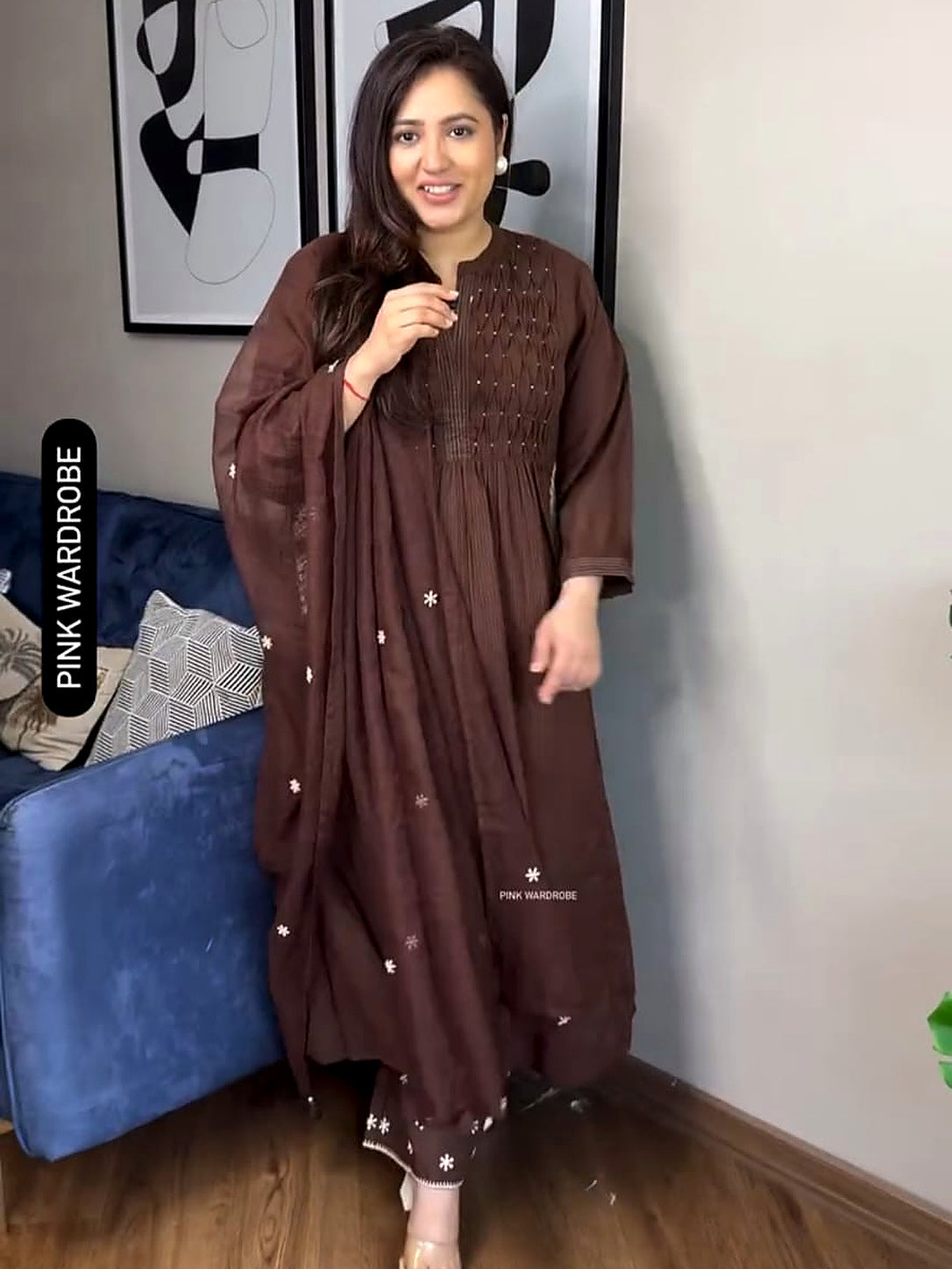 Elegant Brown A-Line Handwork Pure Cotton Suit Set