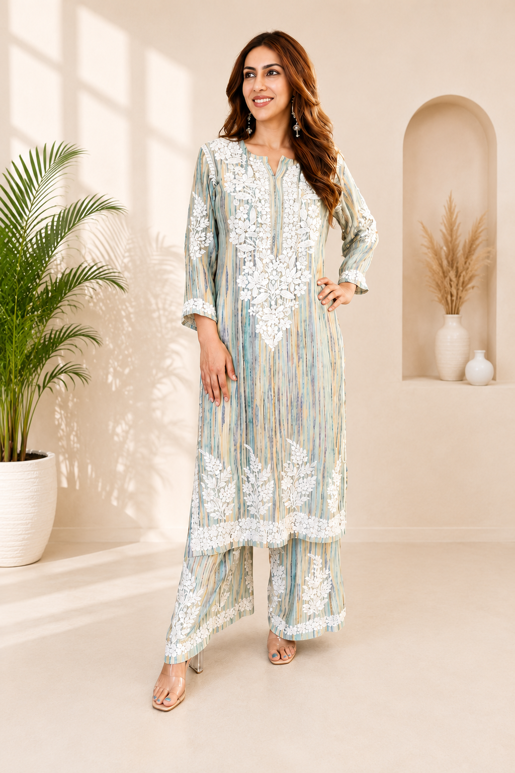 Very Attractive Multi Striped Rayon Embroidery Chikankari Suit Set