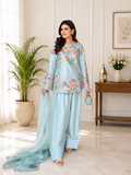 Elegant Modern Ice Blue Embroidered Crape Silk Suit Set with Organza Dupatta