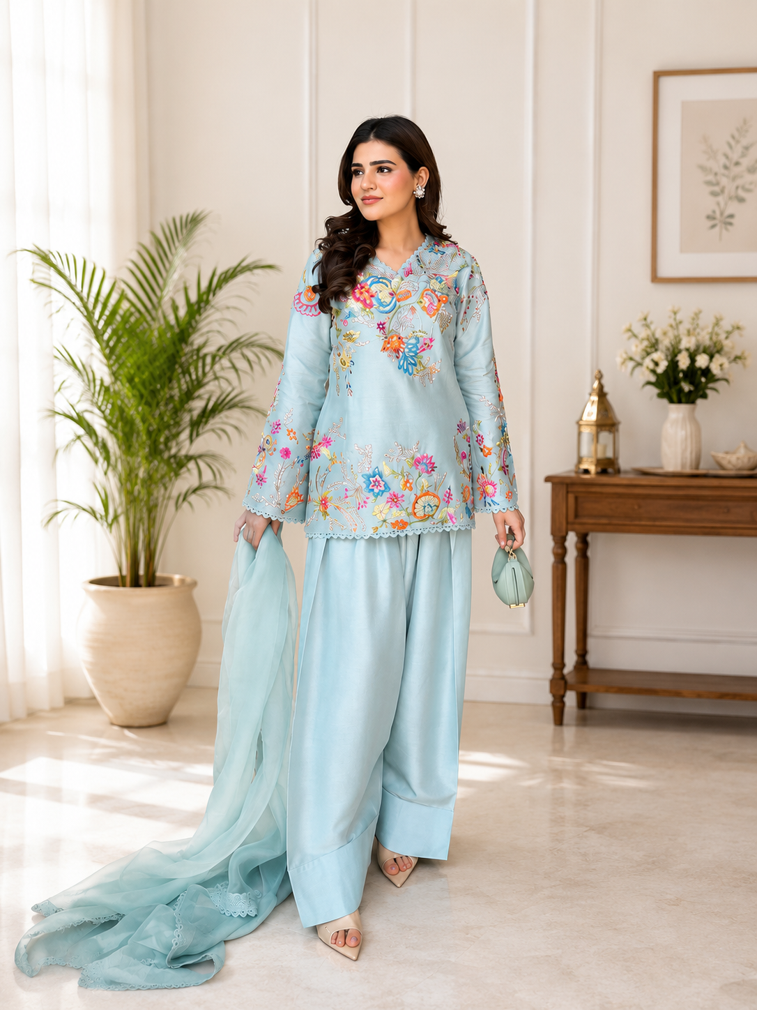 Elegant Modern Ice Blue Embroidered Crape Silk Suit Set with Organza Dupatta