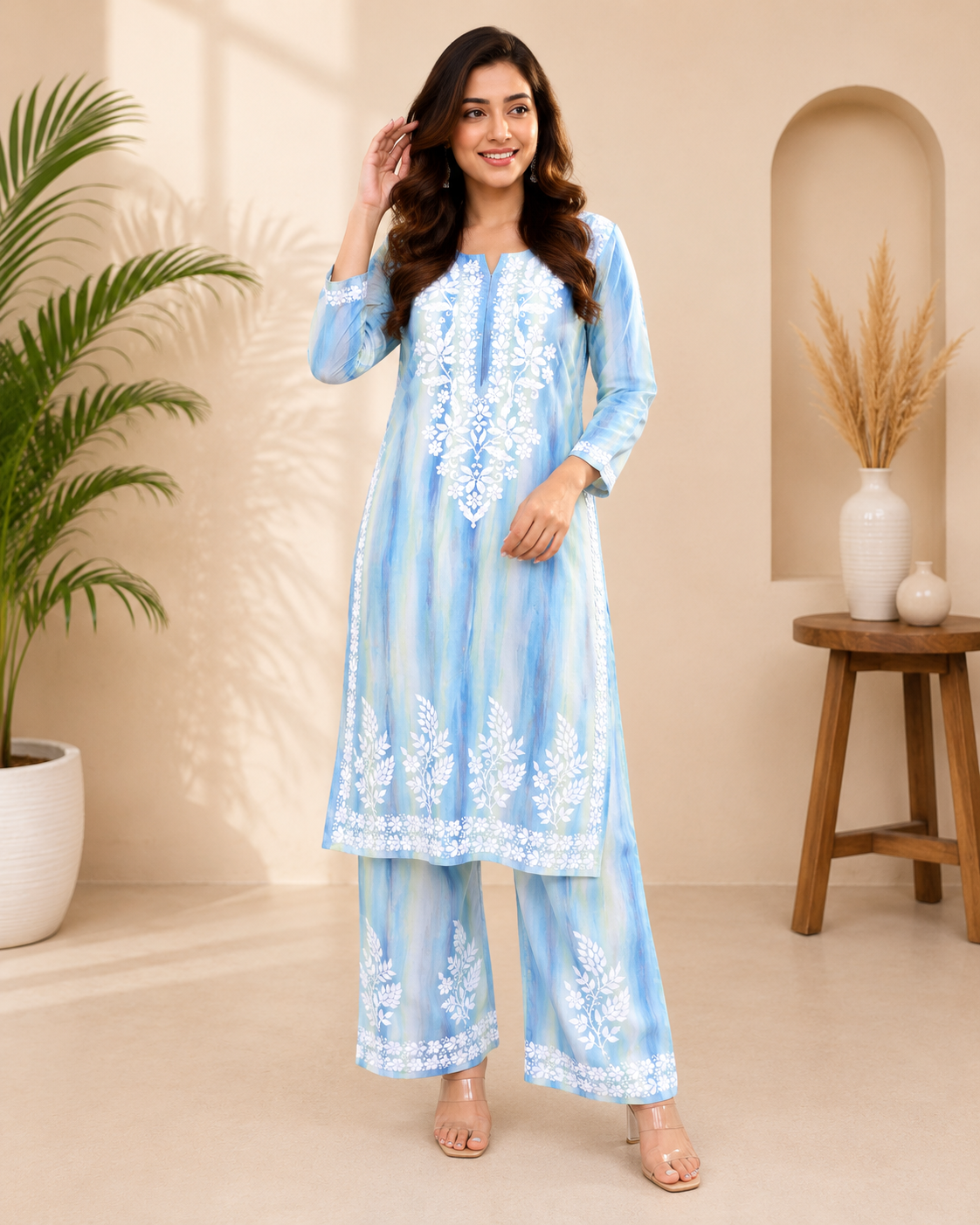 Beautiful Ocean Blue Striped Rayon Embroidery Chikankari Suit Set