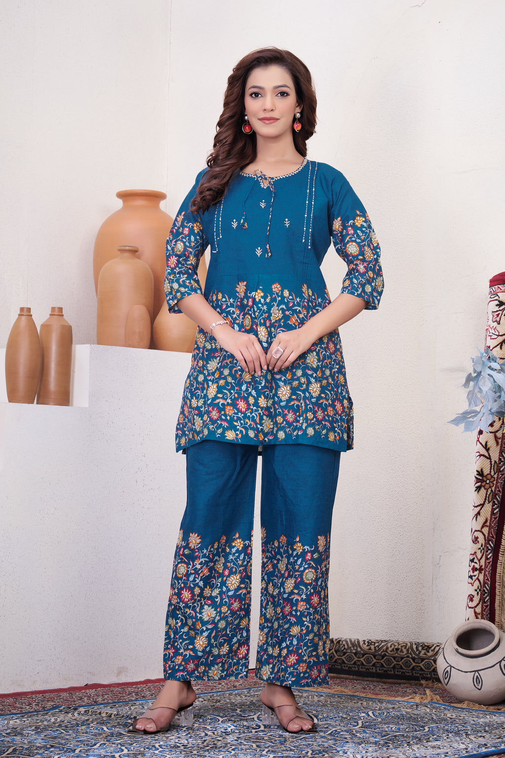 Elegant Teal Blue Designer Pure Cotton Co-ord Set