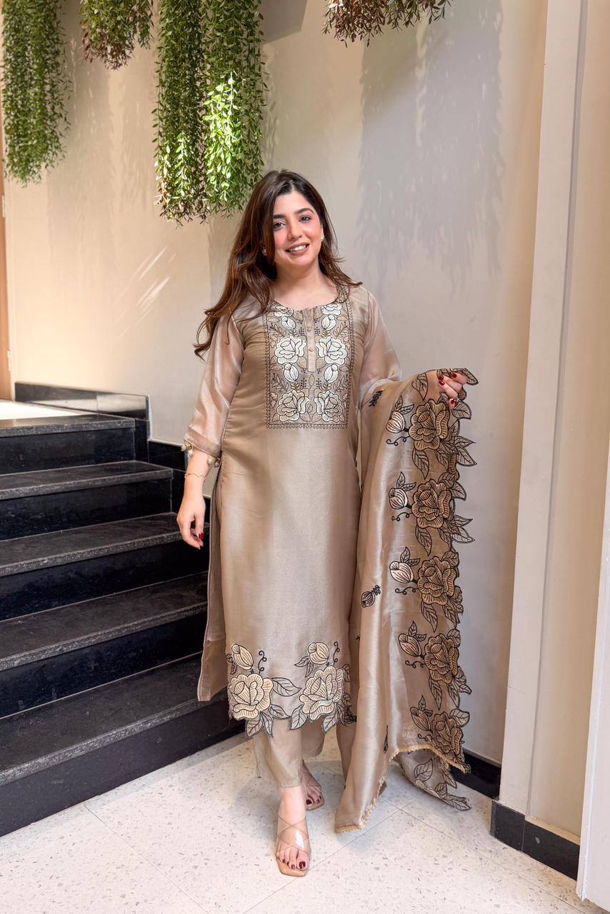 New Designer Jimmy Choo Silk Embroidered Suit Set with Dupatta