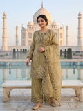 Elegant Olive Green Crunchy Silk Embroidered Suit Set with Organza Dupatta