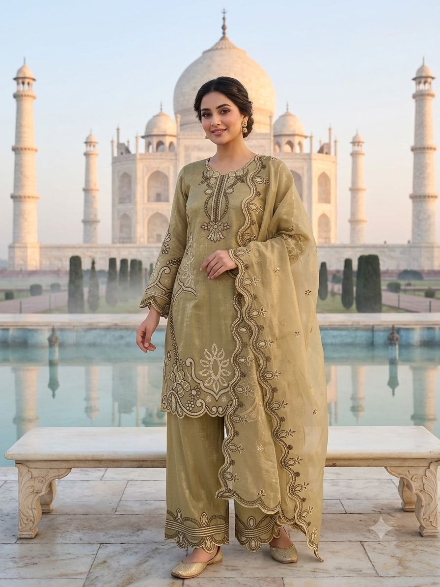 Elegant Olive Green Crunchy Silk Embroidered Suit Set with Organza Dupatta