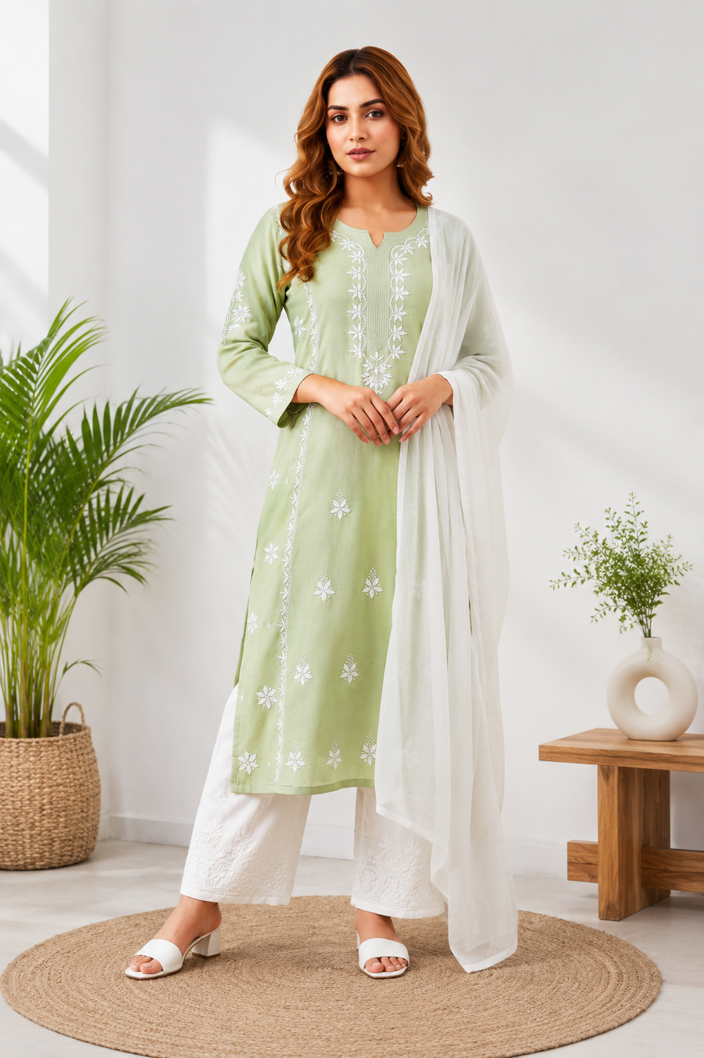 Elegant Sage Green Rayon Embroidered Suit Set With Dupatta