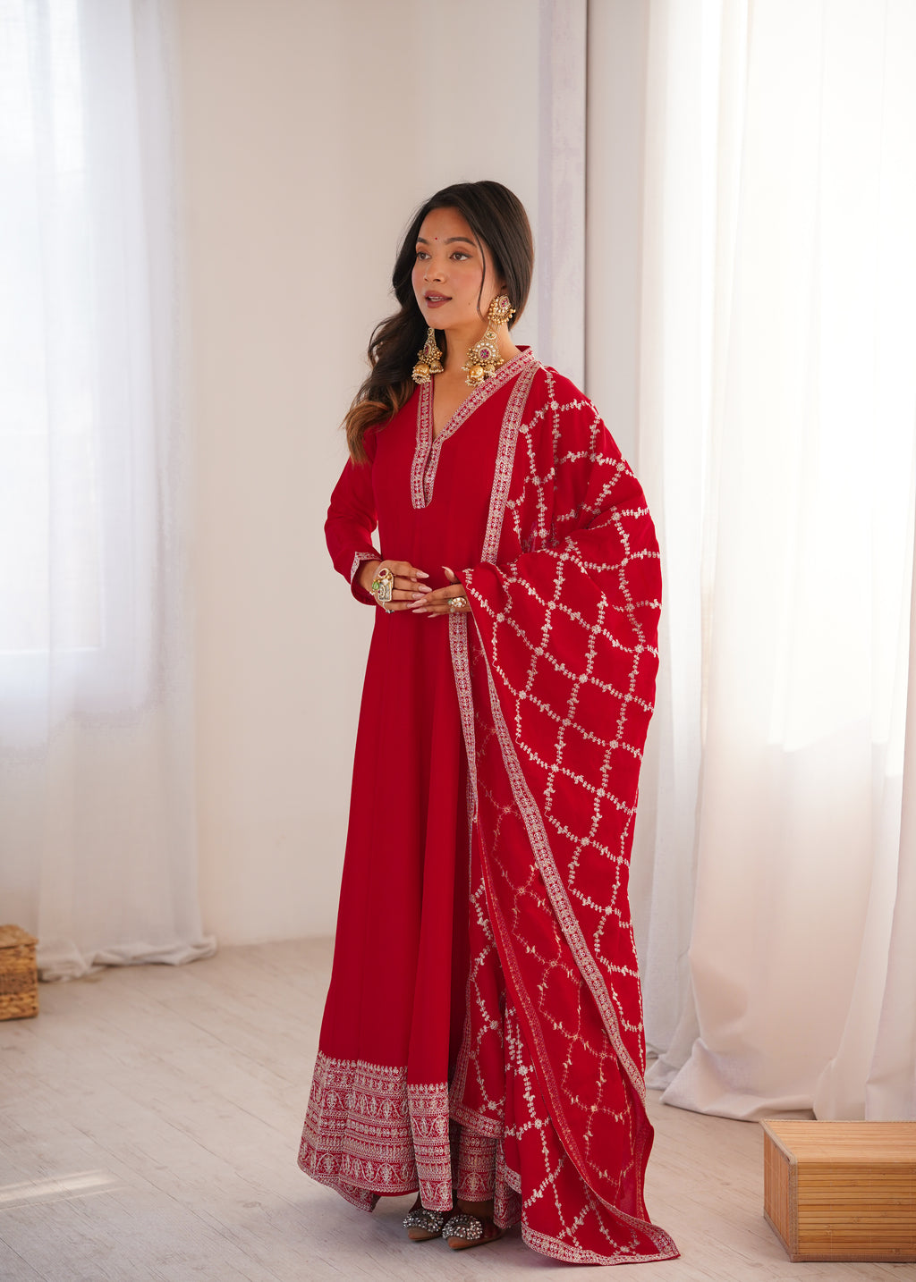 Cherry Red Luxury Festive Anarkali gown Suit with Intricate Silver Embroidery