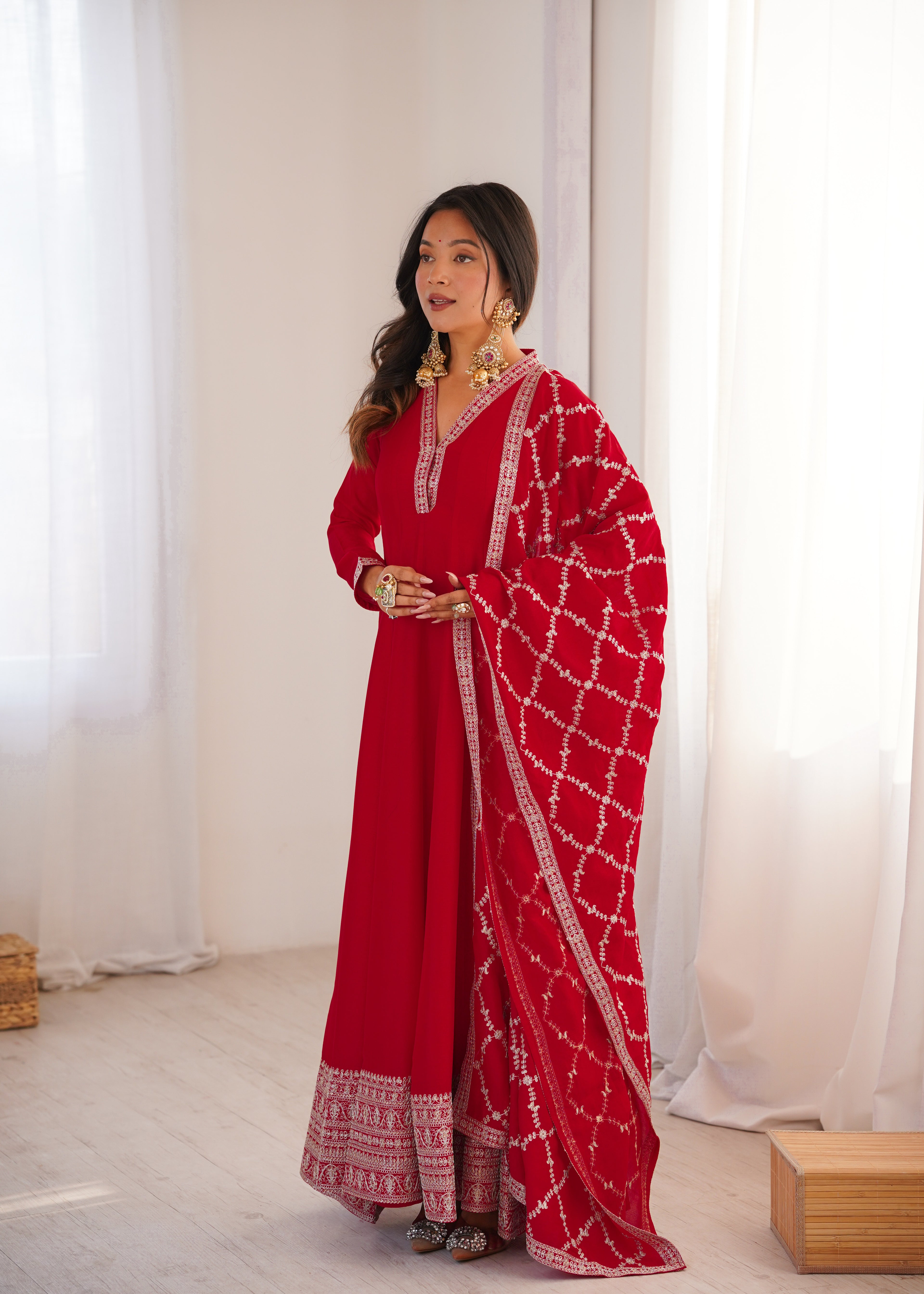 Cherry Red Luxury Festive Anarkali gown Suit with Intricate Silver Embroidery