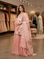 Elegant Blush Pink Sequence Embroidery Soft Organza Sharara Suit Set