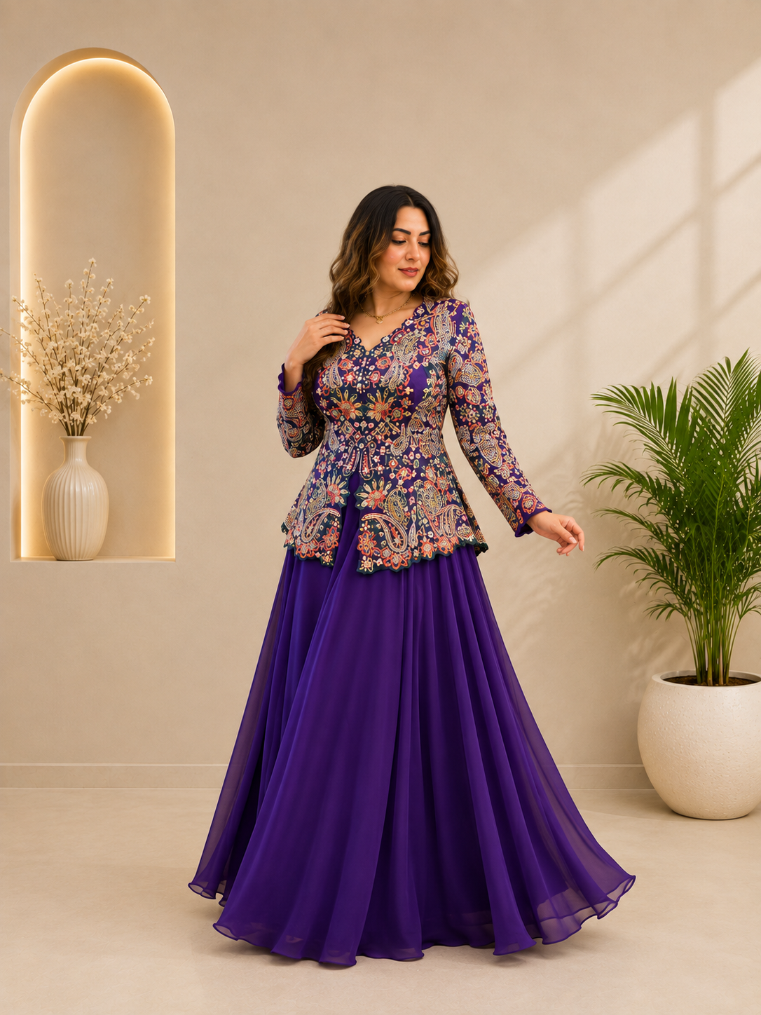 Festive Designer Royal Purple Georgette Indo-Western Set