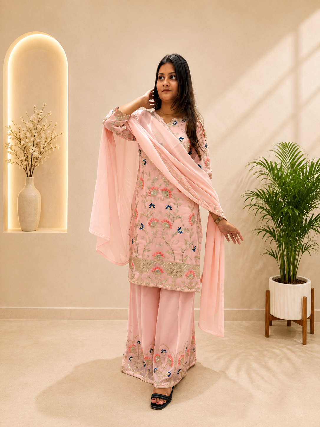 Premium Designer Pink Georgette Embroidery Suit Set